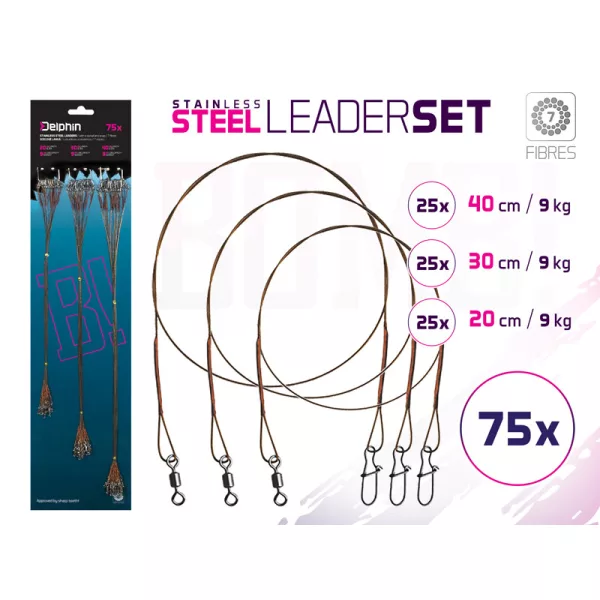 Delphin Set BOMB! steel leader with snap/7 strands (75x /20,30,40cm/12kg)