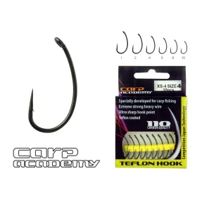   Carp Academy Haczyk teflonowy XS-4 Czarny 2 10szt/opakowanie Z oczkiem Z zadziorem Haczyk karpiowy