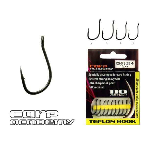 Carp Academy Haczyk teflonowy XS-5 Czarny 2 10szt/opakowanie Z oczkiem Z zadziorem Haczyk karpiowy