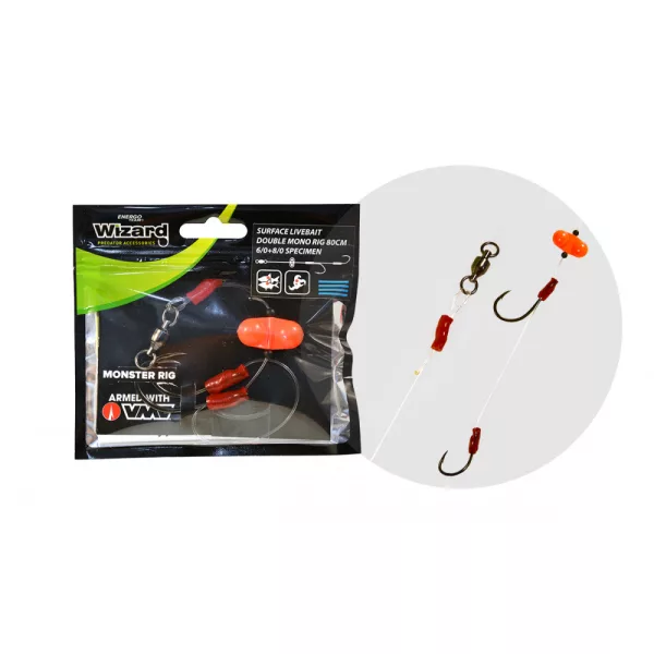 Wizard Monster Surface Livebait Double Mono Rig 6/0+8/0 Specimen 80cm Monofilamentowy przypon z podwójnym haczykiem