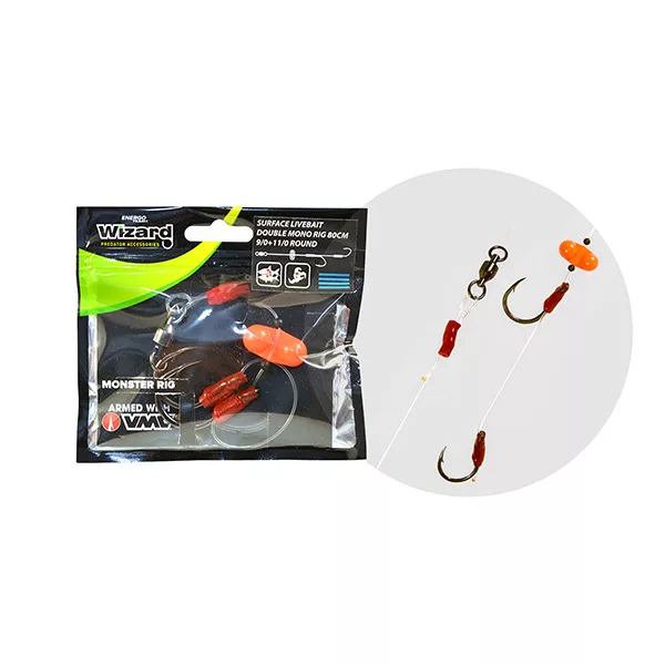 Wizard Monster Surface Livebait Double Mono Rig 7/0+9/0 Round 80cm Monofilamentowy przypon z podwójnym haczykiem