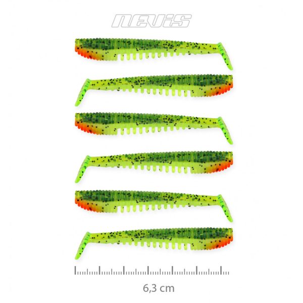 Nevis Impulse Shad 6,3cm 1,77gr 6szt/opak Zielono-Pomarańczowy Brokat Przynęta Plastikowa