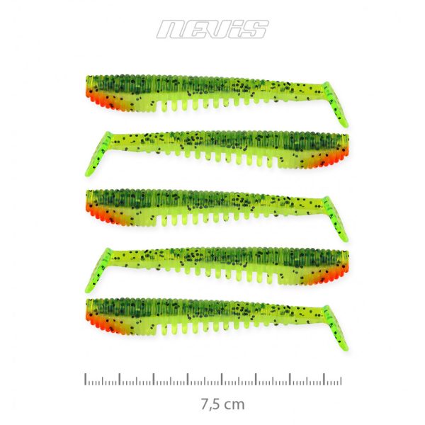 Nevis Impulse Shad 7,5cm 3,05gr 5szt/opak Zielono-Pomarańczowy Brokat Przynęta Plastikowa