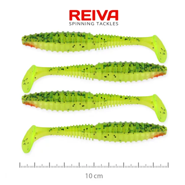 Reiva Zander Power Shad 10cm 7,05gr 4szt/opak. (Zielono-Pomarańczowy Brokat) Przynęta plastikowa
