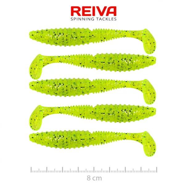 Reiva Zander Power Shad 8cm 3,18gr 5szt/opak. (Fluo Zielony Brokat II.) Przynęta plastikowa