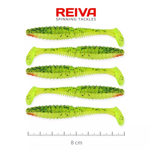 Reiva Zander Power Shad 8cm 3,18gr 5szt/opak. (Zielono-Pomarańczowy Brokat) Przynęta plastikowa