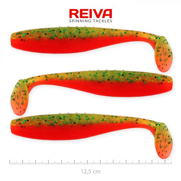 Reiva Flat Minnow shad 12.5cm 3pcs/pack (Green-Orange Glitter) Plastic lure