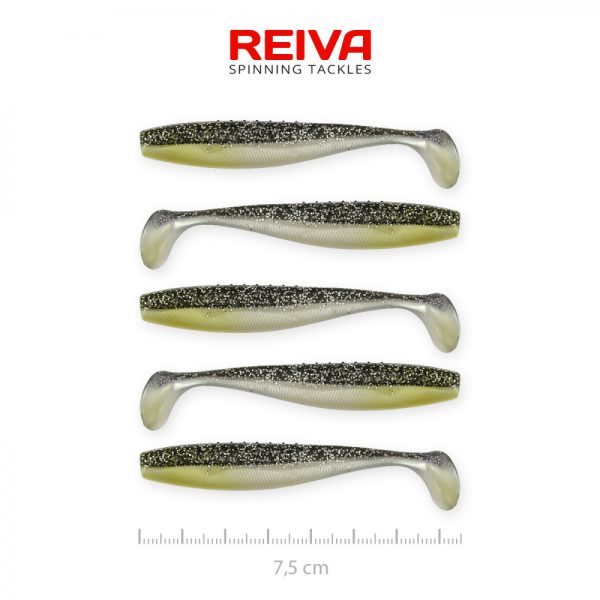 Reiva Flat Minnow shad 7.5cm 5pcs/pack (Black-Silver Glitter) Plastic lure