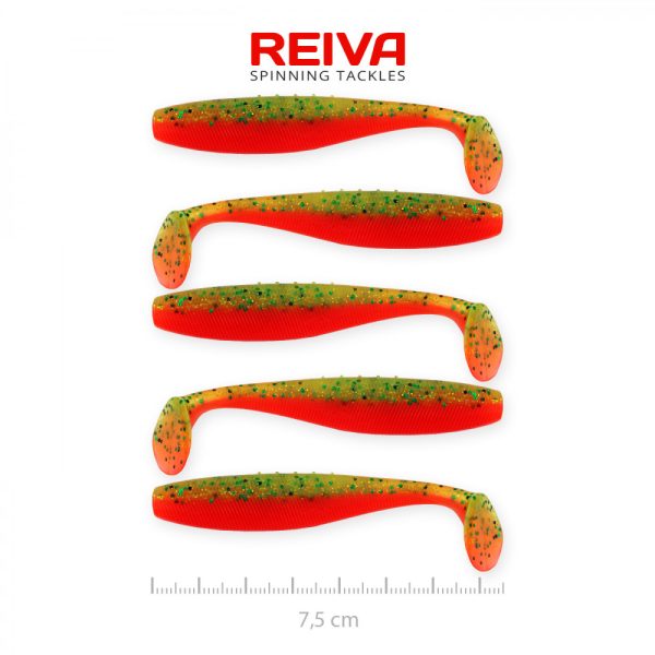 Reiva Flat Minnow shad 7.5cm 5pcs/pack (Green-Orange Glitter) Plastic lure