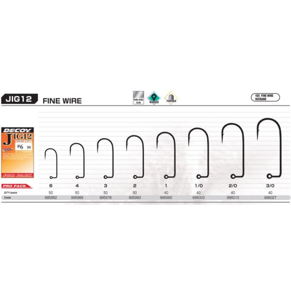 Decoy Pro Pack Jig12 Fine Wire #1/0 Barbed Single Jig Hook 40pcs