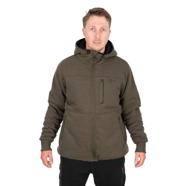 Fox Collection Sherpa Kapucnis Pulóver Zöld-Fekete Thermo Kabát L