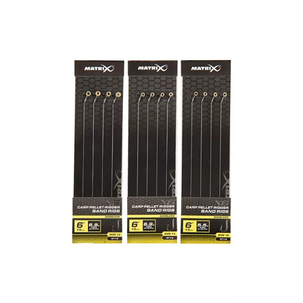 Matrix X6 Carp Pellet Rigger Band Rigs 12 15cm Füles, Szakáll Nélküli Monofil Előkötött Horog Csaligyűrűvel 8db