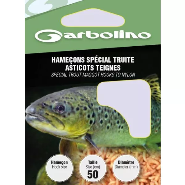 Garbolino Trout Maggot Hooks To Nylon 14 haczyków z łopatką, zadziorowych, z żyłki monofilowej, wiązanych 10szt.