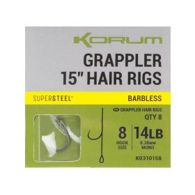  Korum Grappler Hair Rigs 38cm 8 Bez zadziora Z oczkiem Monofilamentowa Przypon haczykowy
