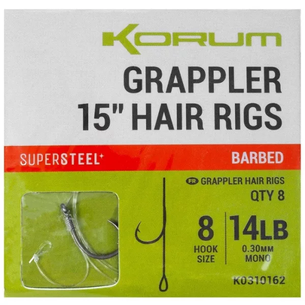 Korum Grappler Hair Rigs 38cm 12 Z zadziorem Z oczkiem Monofilamentowa Przypon haczykowy