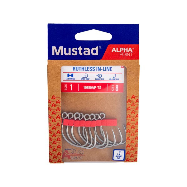 Mustad Ruthless In-Line Titan Steel 5/0 Haczyk z uszkiem, zadziorowy spinningowy 10szt